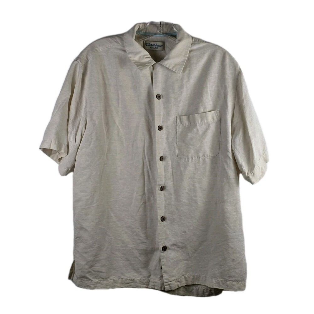 VTG Caribbean Men's Medium Ivory Silk Hawaiian Button‎ Down Shirt